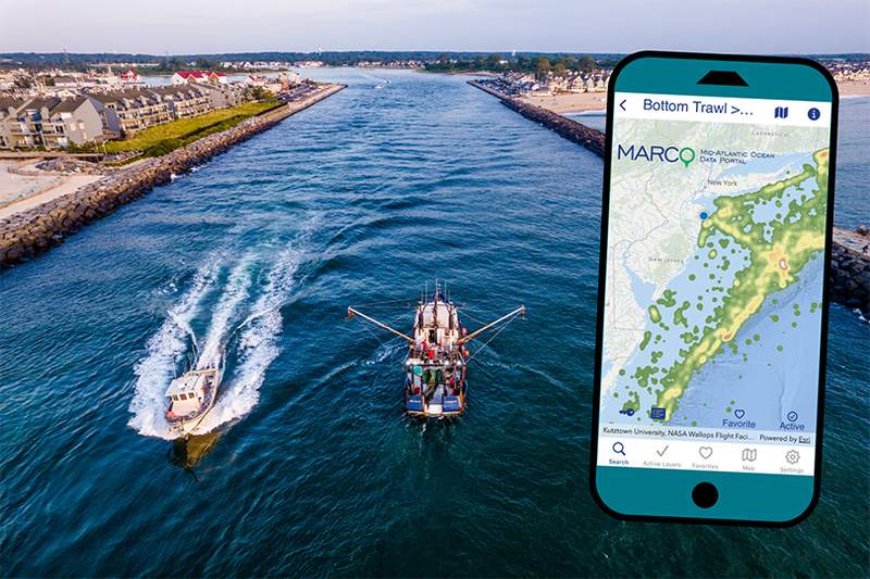 An image of a map on a cell phone, laid over an image of boats passing through an inlet