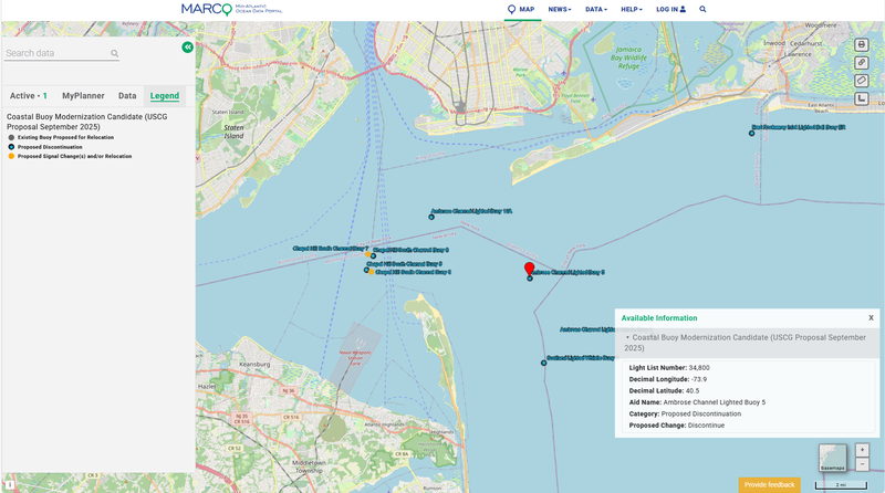 A map showing buoys that are candidates for change through the Coastal Buoy Modernization Proposal in the Lower New York Harbor area.