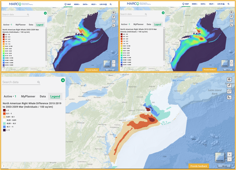 A collage of maps showing right whale density in March 2003-2009, right whale density in March 2010-2019 and the difference in density between these two time periods.